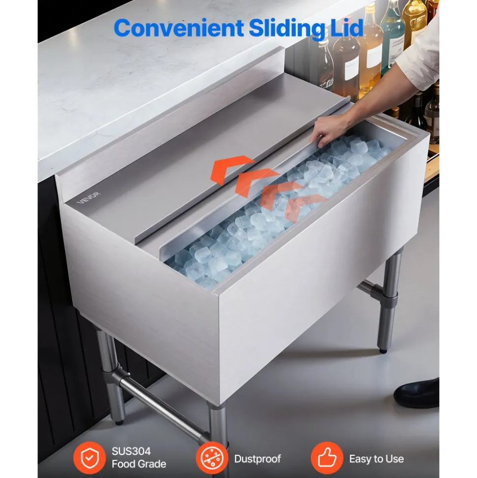 VEVOR Commercial Ice Bin, 82.9 Qt Max Capacity, 30 x 19 x 33 Inch Stainless Steel Ice Chest with Sliding Lid and Bottle Holders, Cooler Cart Cocktail Unit for Bar Restaurant Pub, NSF Certified
