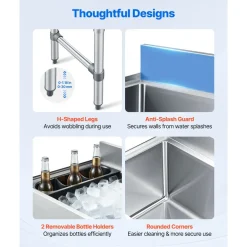 VEVOR Commercial Ice Bin, 65.1 Qt Max Capacity, 24 x 19 x 35 Inch Stainless Steel Ice Chest with Sliding Lid and Bottle Holders, Cooler Cart Cocktail Unit for Bar Restaurant Pub, NSF Certified