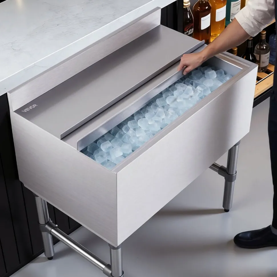 VEVOR Commercial Ice Bin, 82.9 Qt Max Capacity, 30 x 19 x 33 Inch Stainless Steel Ice Chest with Sliding Lid and Bottle Holders, Cooler Cart Cocktail Unit for Bar Restaurant Pub, NSF Certified