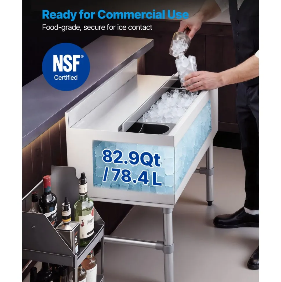 VEVOR Commercial Ice Bin, 82.9 Qt Max Capacity, 30 x 19 x 33 Inch Stainless Steel Ice Chest with Sliding Lid and Bottle Holders, Cooler Cart Cocktail Unit for Bar Restaurant Pub, NSF Certified