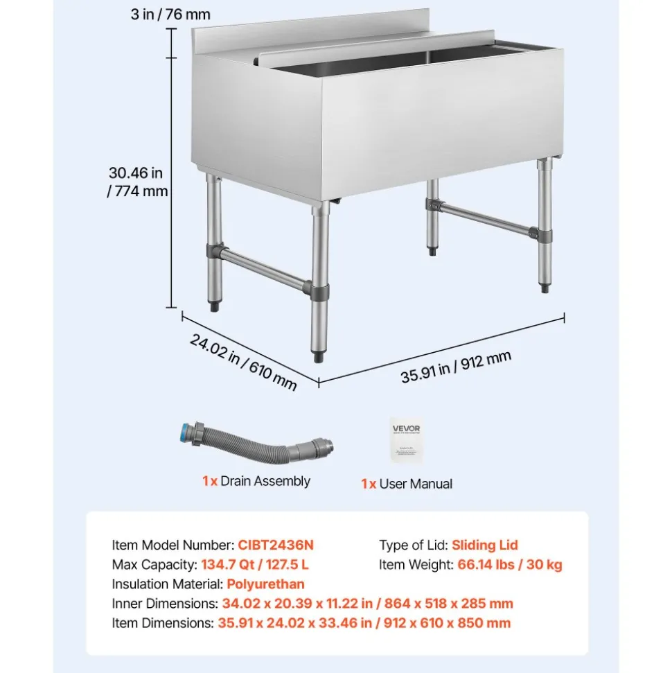 VEVOR Commercial Ice Bin, 137.4 Qt Max Capacity, 48 x 19 x 33 Inch Stainless Steel Ice Chest with Sliding Lid and Bottle Holders, Cooler Cart Cocktail Unit for Bar Restaurant Pub, NSF Certified