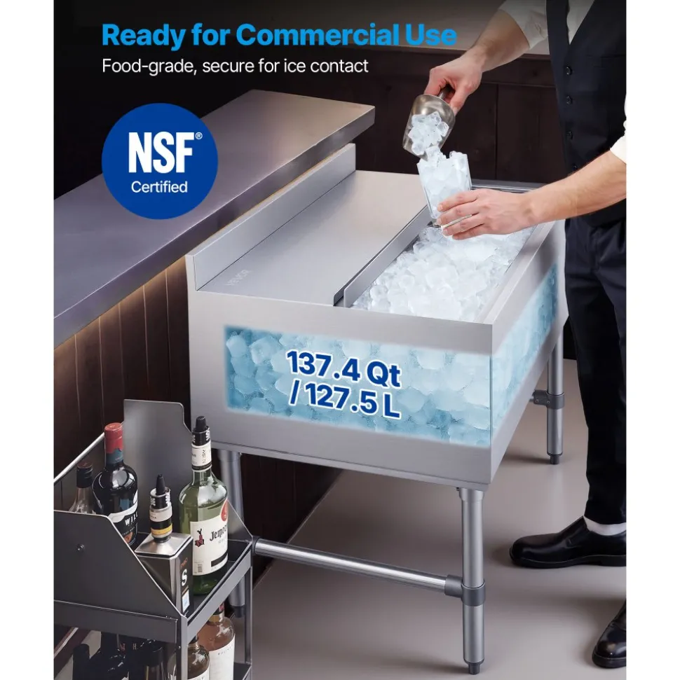 VEVOR Commercial Ice Bin, 137.4 Qt Max Capacity, 48 x 19 x 33 Inch Stainless Steel Ice Chest with Sliding Lid and Bottle Holders, Cooler Cart Cocktail Unit for Bar Restaurant Pub, NSF Certified