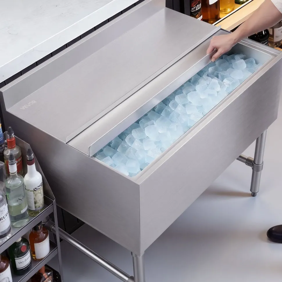 VEVOR Commercial Ice Bin, 137.4 Qt Max Capacity, 48 x 19 x 33 Inch Stainless Steel Ice Chest with Sliding Lid and Bottle Holders, Cooler Cart Cocktail Unit for Bar Restaurant Pub, NSF Certified