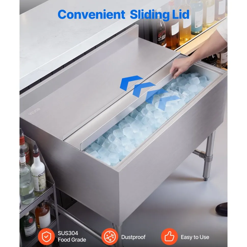 VEVOR Commercial Ice Bin, 137.4 Qt Max Capacity, 48 x 19 x 33 Inch Stainless Steel Ice Chest with Sliding Lid and Bottle Holders, Cooler Cart Cocktail Unit for Bar Restaurant Pub, NSF Certified