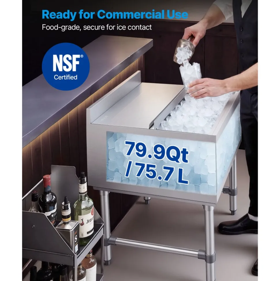 VEVOR Commercial Ice Bin, 79.9 Qt Max Capacity, 24 x 24 x 33 Inch Stainless Steel Ice Chest with Sliding Lid, 24H Long-Lasting Insulation, Cooler Cart Cocktail Unit for Bar Restaurant Pub, NSF