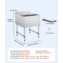 VEVOR Commercial Ice Bin, 79.9 Qt Max Capacity, 24 x 24 x 33 Inch Stainless Steel Ice Chest with Sliding Lid, 24H Long-Lasting Insulation, Cooler Cart Cocktail Unit for Bar Restaurant Pub, NSF