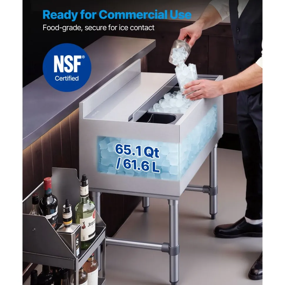 VEVOR Commercial Ice Bin, 65.1 Qt Max Capacity, 24 x 19 x 33 Inch Stainless Steel Ice Chest with Sliding Lid and Bottle Holders, Cooler Cart Cocktail Unit for Bar Restaurant Pub, NSF Certified