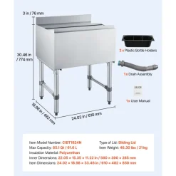 VEVOR Commercial Ice Bin, 65.1 Qt Max Capacity, 24 x 19 x 33 Inch Stainless Steel Ice Chest with Sliding Lid and Bottle Holders, Cooler Cart Cocktail Unit for Bar Restaurant Pub, NSF Certified