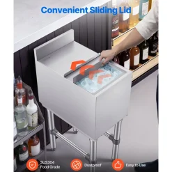 VEVOR Commercial Ice Bin, 29.6 Qt Max Capacity, 12 x 19 x 33 Inch Stainless Steel Ice Chest with Sliding Lid and Bottle Holders, Cooler Cart Cocktail Unit for Bar Restaurant Pub, NSF Certified