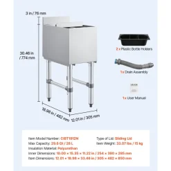 VEVOR Commercial Ice Bin, 29.6 Qt Max Capacity, 12 x 19 x 33 Inch Stainless Steel Ice Chest with Sliding Lid and Bottle Holders, Cooler Cart Cocktail Unit for Bar Restaurant Pub, NSF Certified