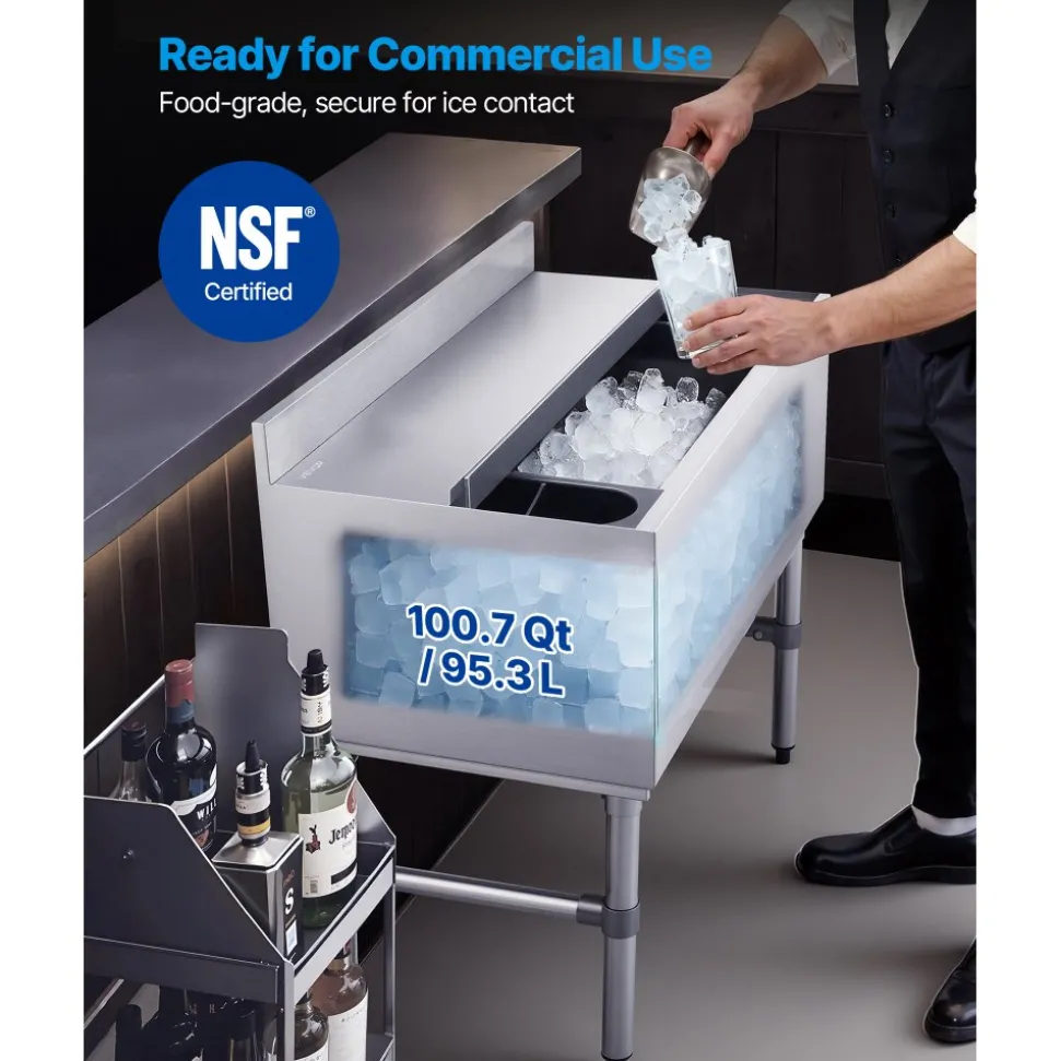 VEVOR Commercial Ice Bin, 100.7 Qt Max Capacity, 36 x 19 x 33 Inch Stainless Steel Ice Chest with Sliding Lid and Bottle Holders, Cooler Cart Cocktail Unit for Bar Restaurant Pub, NSF Certified