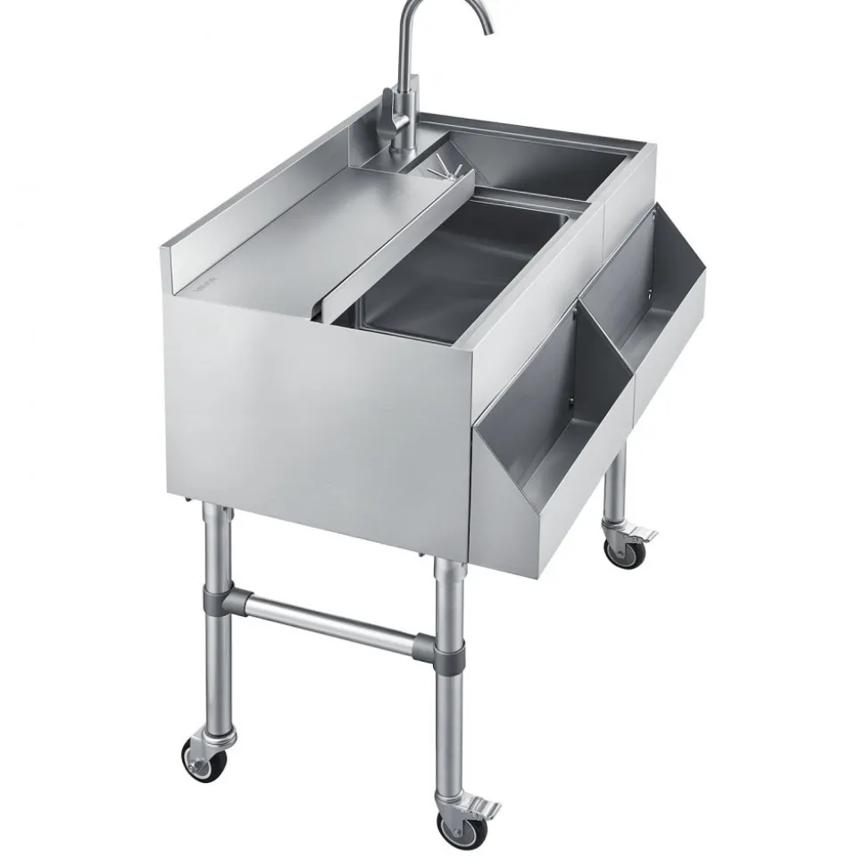 VEVOR Commercial Ice Bin with Sink & Faucet, 60 Qt Max Capacity, 24 x 19 x 35 Inch Stainless Steel Ice Chest with Sliding Lid and Bottle Holders, Cooler Cart Cocktail Unit for Bar Restaurant Pub