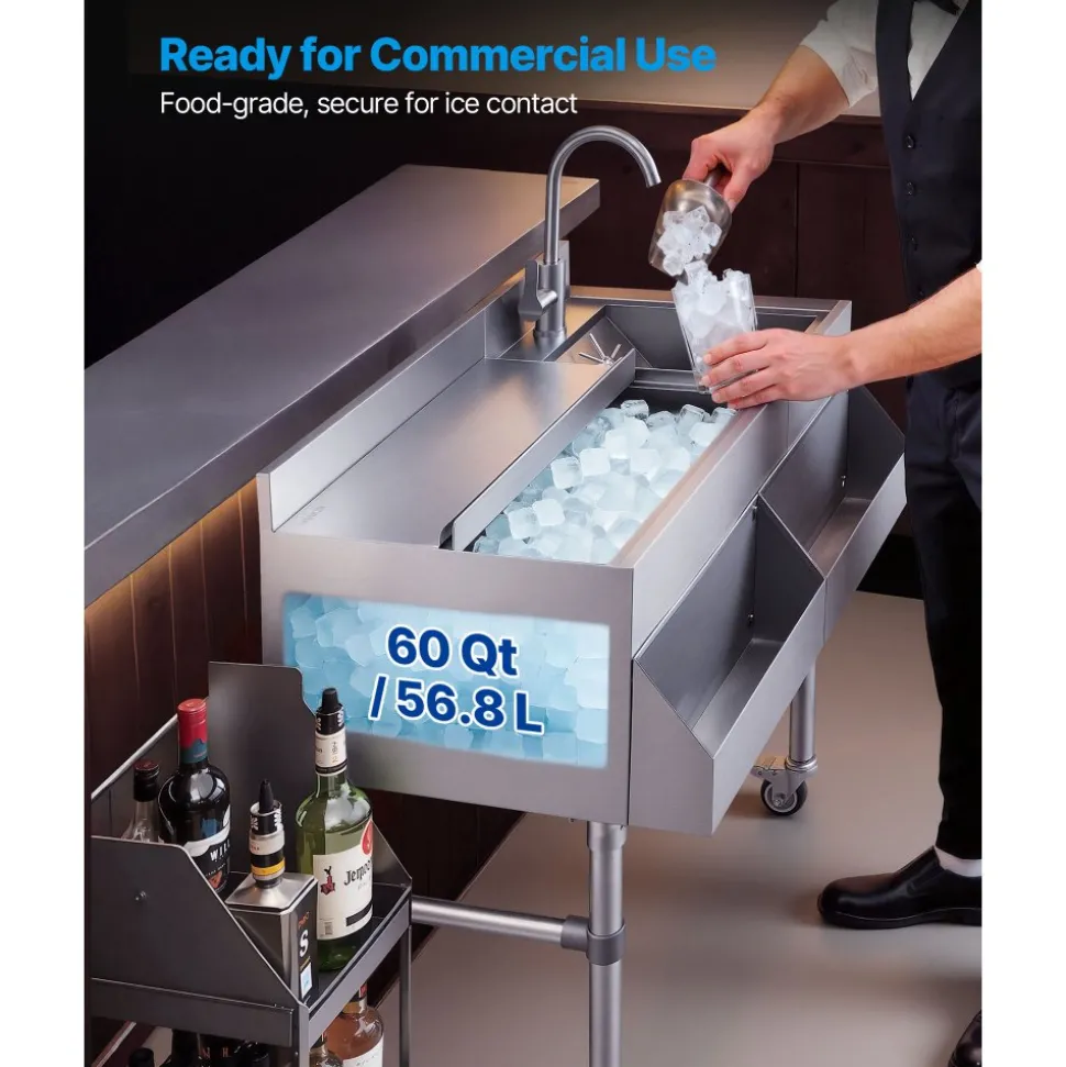 VEVOR Commercial Ice Bin with Sink & Faucet, 60 Qt Max Capacity, 24 x 19 x 35 Inch Stainless Steel Ice Chest with Sliding Lid and Bottle Holders, Cooler Cart Cocktail Unit for Bar Restaurant Pub