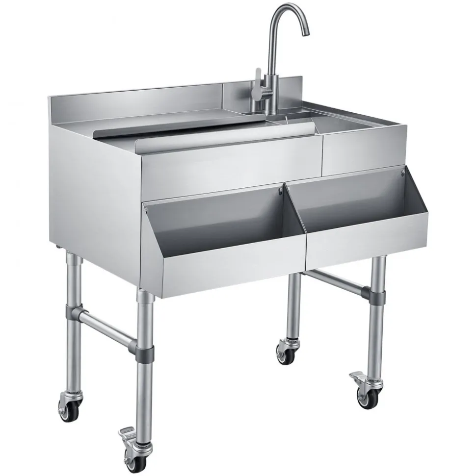 VEVOR Commercial Ice Bin with Sink & Faucet, 60 Qt Max Capacity, 24 x 19 x 35 Inch Stainless Steel Ice Chest with Sliding Lid and Bottle Holders, Cooler Cart Cocktail Unit for Bar Restaurant Pub