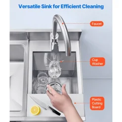 VEVOR Commercial Ice Bin with Sink & Faucet, 60 Qt Max Capacity, 24 x 19 x 35 Inch Stainless Steel Ice Chest with Sliding Lid and Bottle Holders, Cooler Cart Cocktail Unit for Bar Restaurant Pub