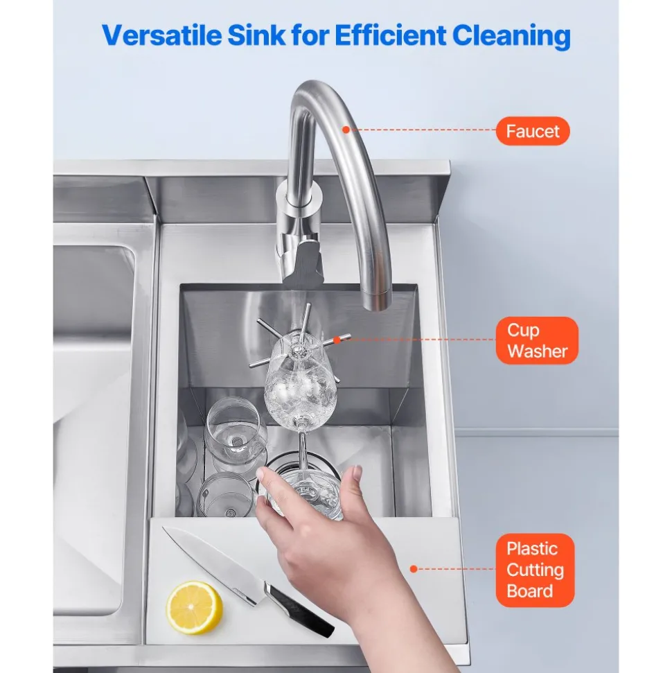 VEVOR Commercial Ice Bin with Sink & Faucet, 60 Qt Max Capacity, 24 x 19 x 35 Inch Stainless Steel Ice Chest with Sliding Lid and Bottle Holders, Cooler Cart Cocktail Unit for Bar Restaurant Pub