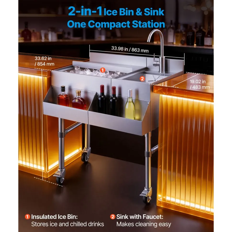 VEVOR Commercial Ice Bin with Sink & Faucet, 60 Qt Max Capacity, 24 x 19 x 35 Inch Stainless Steel Ice Chest with Sliding Lid and Bottle Holders, Cooler Cart Cocktail Unit for Bar Restaurant Pub