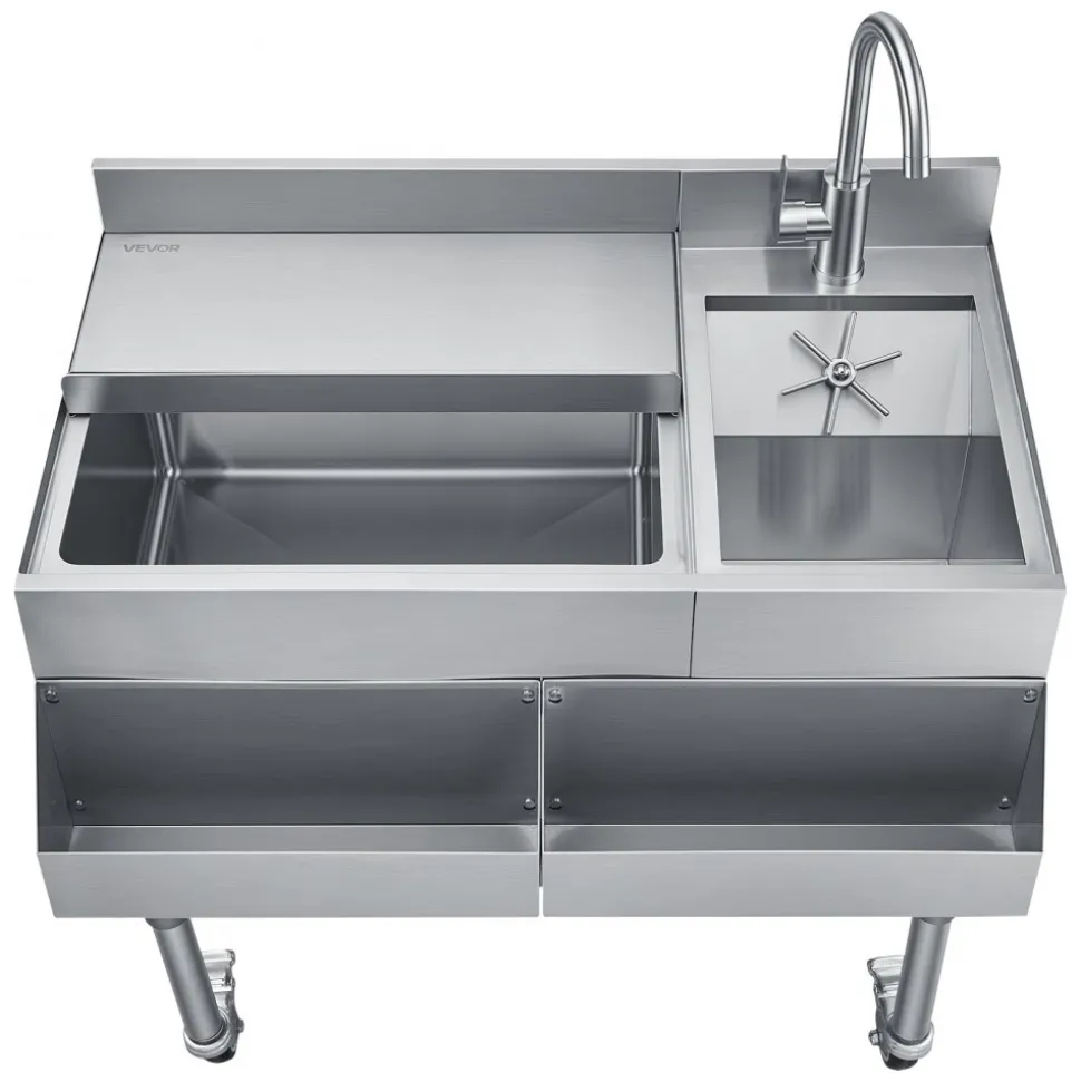 VEVOR Commercial Ice Bin with Sink & Faucet, 60 Qt Max Capacity, 24 x 19 x 35 Inch Stainless Steel Ice Chest with Sliding Lid and Bottle Holders, Cooler Cart Cocktail Unit for Bar Restaurant Pub
