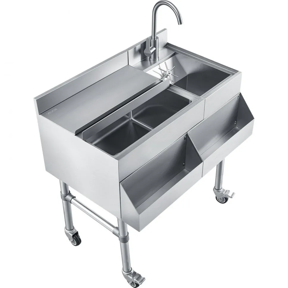 VEVOR Commercial Ice Bin with Sink & Faucet, 60 Qt Max Capacity, 24 x 19 x 35 Inch Stainless Steel Ice Chest with Sliding Lid and Bottle Holders, Cooler Cart Cocktail Unit for Bar Restaurant Pub