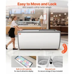 VEVOR Commercial Ice Cream Display Case, 20 Cu.ft Chest Freezer, Restaurant Gelato Dipping Cabinet Top Deep Freezer with Locking Casters, Sliding Glass Door, LED Lighting, Hold 12 Ice Cream Tubs