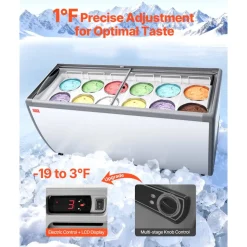 VEVOR Commercial Ice Cream Display Case, 20 Cu.ft Chest Freezer, Restaurant Gelato Dipping Cabinet Top Deep Freezer with Locking Casters, Sliding Glass Door, LED Lighting, Hold 12 Ice Cream Tubs