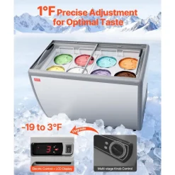 VEVOR Commercial Ice Cream Display Case, 5.4 Cu.ft Chest Freezer, -19 to 3℉ Temp Adjustable Mobile Top Deep Freezer with 2 Wire Baskets, 2 Sliding Glass Doors, Locking Casters & LED Strip Lighting