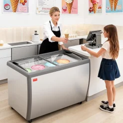VEVOR Commercial Ice Cream Display Case, 5.4 Cu.ft Chest Freezer, -19 to 3℉ Temp Adjustable Mobile Top Deep Freezer with 2 Wire Baskets, 2 Sliding Glass Doors, Locking Casters & LED Strip Lighting