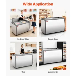 VEVOR Commercial Ice Cream Display Case, 5.4 Cu.ft Chest Freezer, -19 to 3℉ Temp Adjustable Mobile Top Deep Freezer with 2 Wire Baskets, 2 Sliding Glass Doors, Locking Casters & LED Strip Lighting