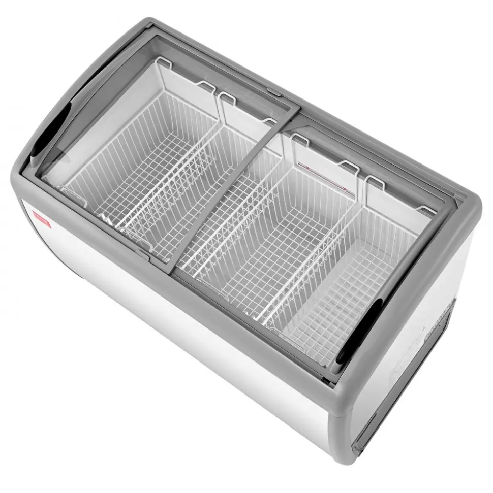 VEVOR Commercial Ice Cream Display Case, 12.8 Cu.ft Chest Freezer, -19 to 3℉ Temp Adjustable Mobile Top Deep Freezer with 4 Wire Baskets, 2 Sliding Glass Doors, Locking Casters & LED Strip Lighting