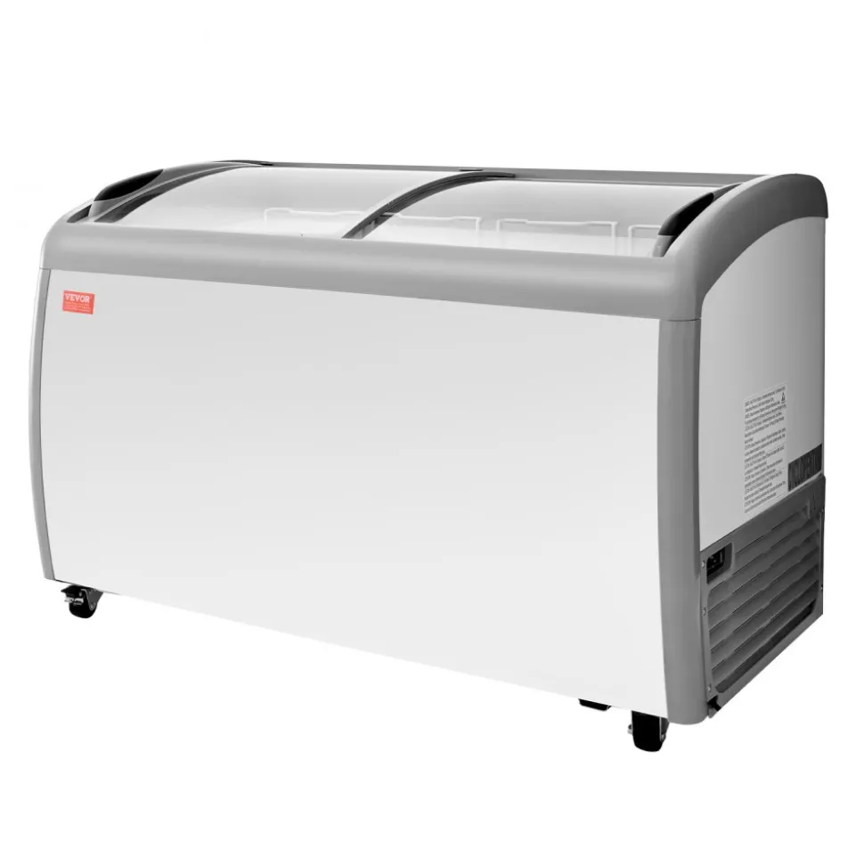 VEVOR Commercial Ice Cream Display Case, 12.8 Cu.ft Chest Freezer, -19 to 3℉ Temp Adjustable Mobile Top Deep Freezer with 4 Wire Baskets, 2 Sliding Glass Doors, Locking Casters & LED Strip Lighting