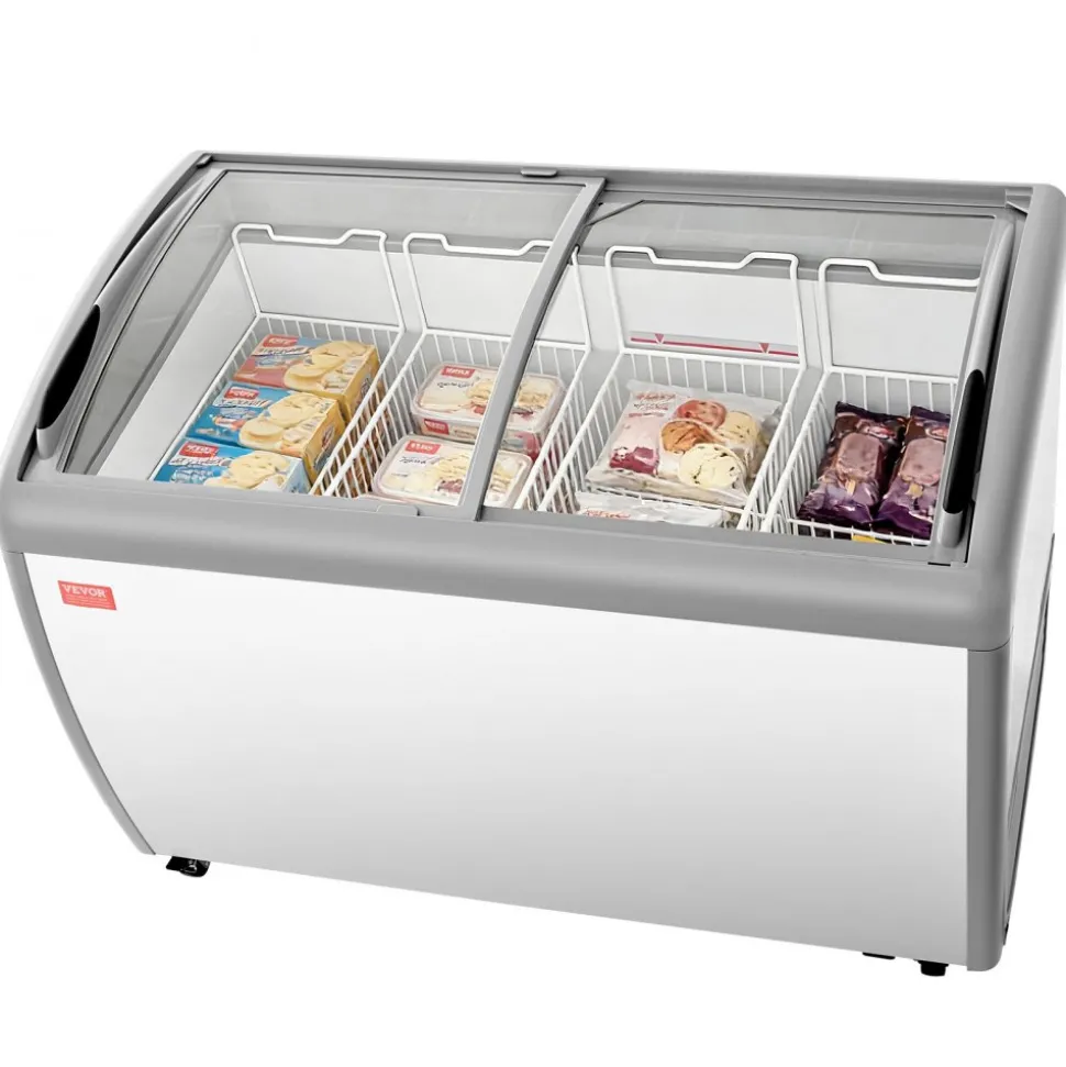 VEVOR Commercial Ice Cream Display Case, 12.8 Cu.ft Chest Freezer, -19 to 3℉ Temp Adjustable Mobile Top Deep Freezer with 4 Wire Baskets, 2 Sliding Glass Doors, Locking Casters & LED Strip Lighting