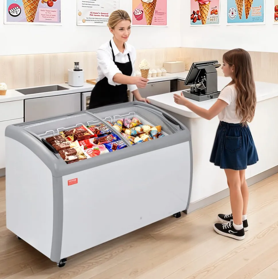 VEVOR Commercial Ice Cream Display Case, 12.8 Cu.ft Chest Freezer, -19 to 3℉ Temp Adjustable Mobile Top Deep Freezer with 4 Wire Baskets, 2 Sliding Glass Doors, Locking Casters & LED Strip Lighting