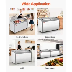 VEVOR Commercial Ice Cream Display Case, 12.8 Cu.ft Chest Freezer, -19 to 3℉ Temp Adjustable Mobile Top Deep Freezer with 4 Wire Baskets, 2 Sliding Glass Doors, Locking Casters & LED Strip Lighting