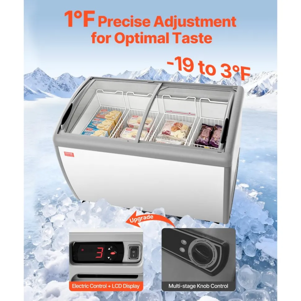 VEVOR Commercial Ice Cream Display Case, 12.8 Cu.ft Chest Freezer, -19 to 3℉ Temp Adjustable Mobile Top Deep Freezer with 4 Wire Baskets, 2 Sliding Glass Doors, Locking Casters & LED Strip Lighting