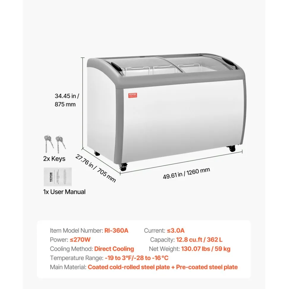 VEVOR Commercial Ice Cream Display Case, 12.8 Cu.ft Chest Freezer, -19 to 3℉ Temp Adjustable Mobile Top Deep Freezer with 4 Wire Baskets, 2 Sliding Glass Doors, Locking Casters & LED Strip Lighting