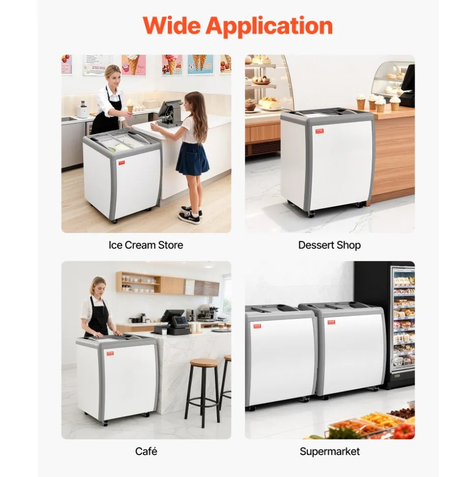 VEVOR Commercial Ice Cream Display Case, 5.6 Cu.ft Chest Freezer, Restaurant Gelato Dipping Cabinet Top Deep Freezer with Locking Casters, Sliding Glass Door, LED Lighting, Hold 4 Ice Cream Tubs