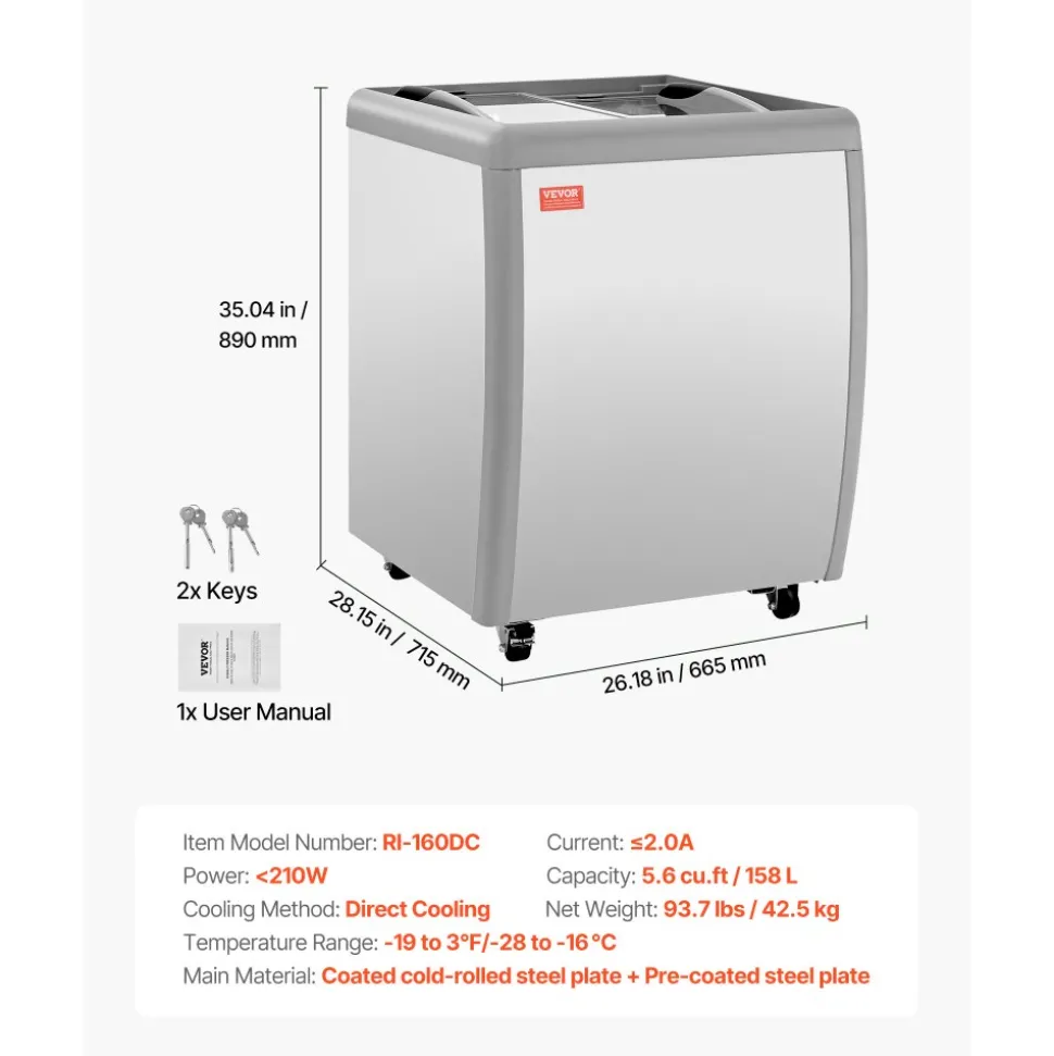 VEVOR Commercial Ice Cream Display Case, 5.6 Cu.ft Chest Freezer, Restaurant Gelato Dipping Cabinet Top Deep Freezer with Locking Casters, Sliding Glass Door, LED Lighting, Hold 4 Ice Cream Tubs
