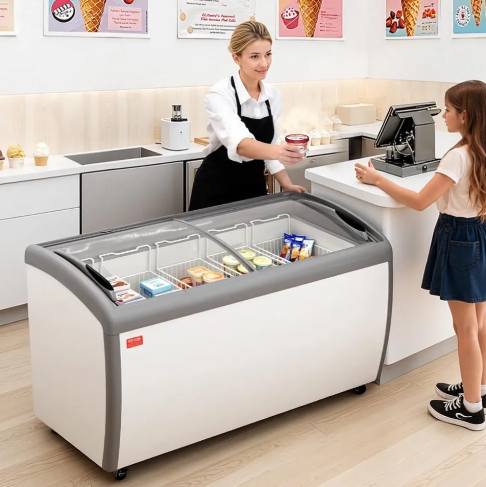 VEVOR Commercial Ice Cream Display Case, 9.3 Cu.ft Chest Freezer, -19 to 3℉ Temp Adjustable Mobile Top Deep Freezer with 3 Wire Baskets, 2 Sliding Glass Doors, Locking Casters & LED Strip Lighting