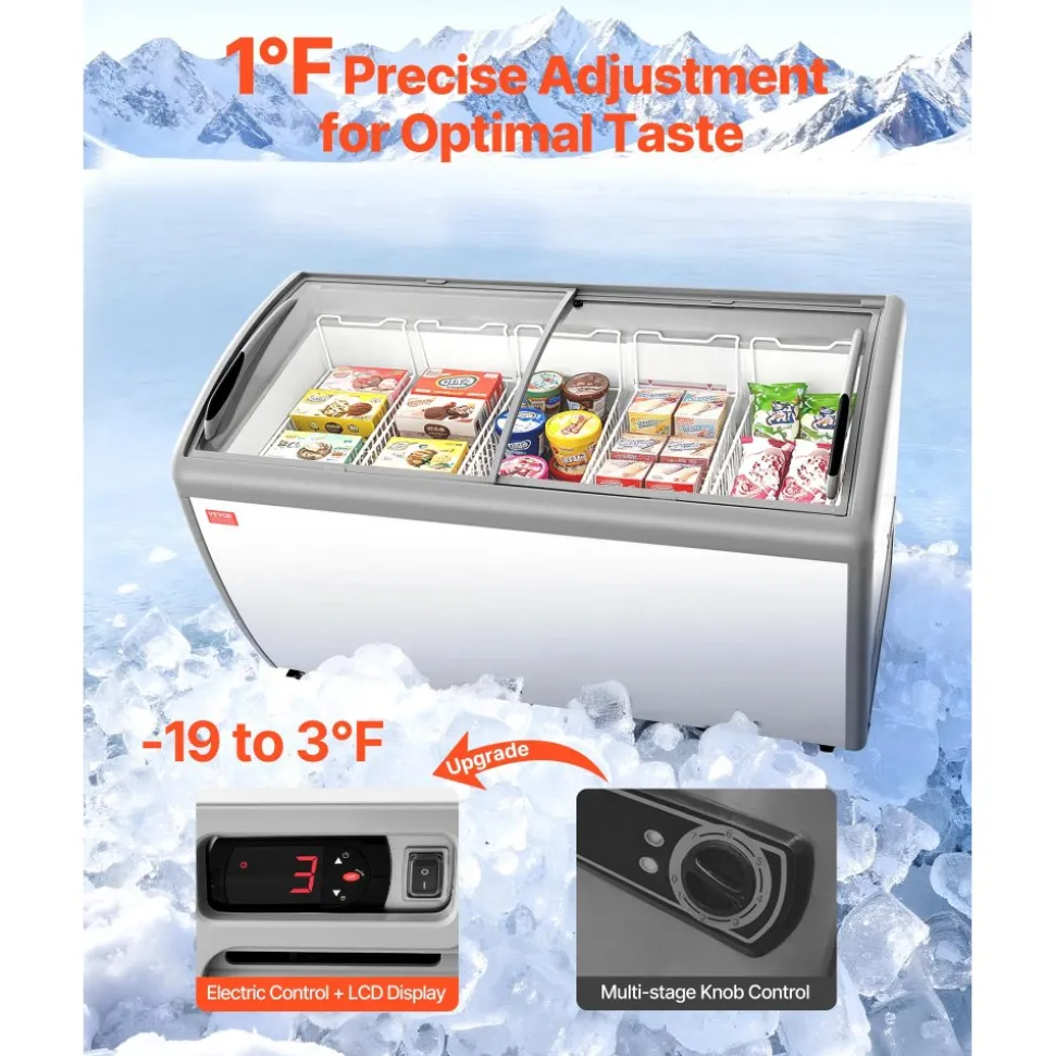 VEVOR Commercial Ice Cream Display Case, 9.3 Cu.ft Chest Freezer, -19 to 3℉ Temp Adjustable Mobile Top Deep Freezer with 3 Wire Baskets, 2 Sliding Glass Doors, Locking Casters & LED Strip Lighting