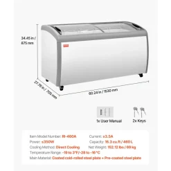 VEVOR Commercial Ice Cream Display Case, 9.3 Cu.ft Chest Freezer, -19 to 3℉ Temp Adjustable Mobile Top Deep Freezer with 3 Wire Baskets, 2 Sliding Glass Doors, Locking Casters & LED Strip Lighting