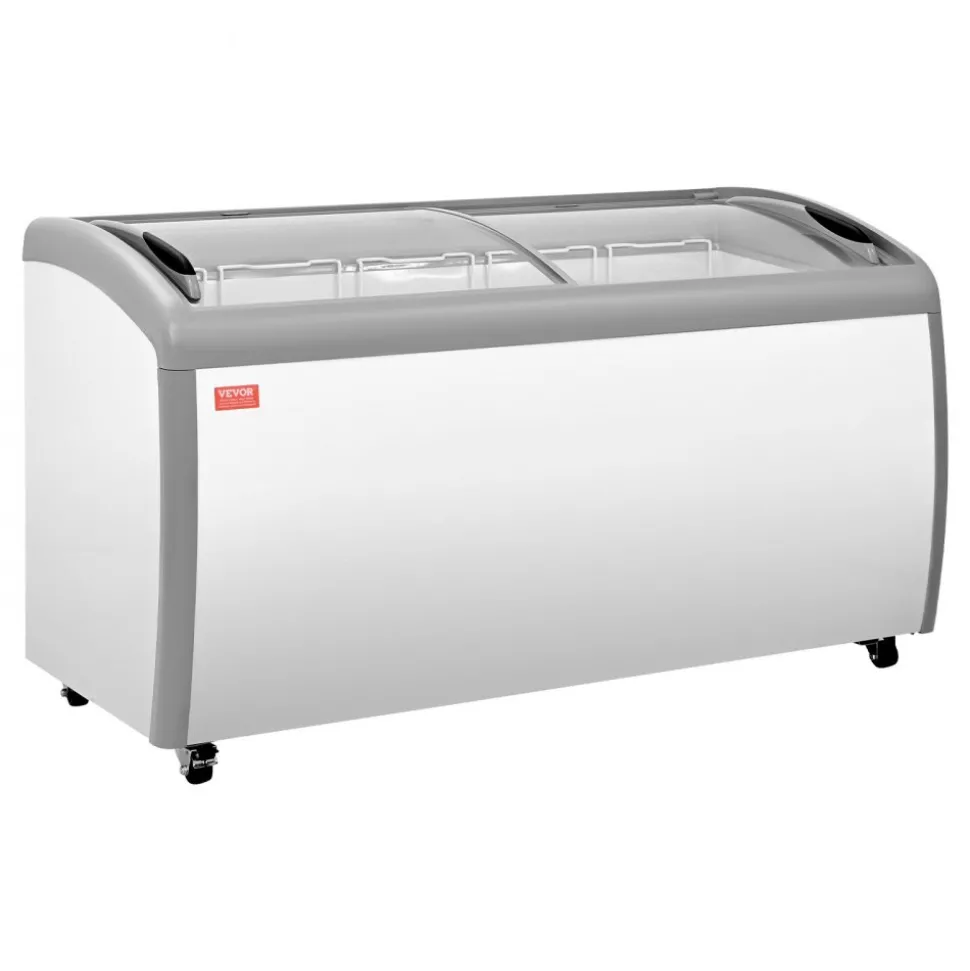VEVOR Commercial Ice Cream Display Case, 9.3 Cu.ft Chest Freezer, -19 to 3℉ Temp Adjustable Mobile Top Deep Freezer with 3 Wire Baskets, 2 Sliding Glass Doors, Locking Casters & LED Strip Lighting