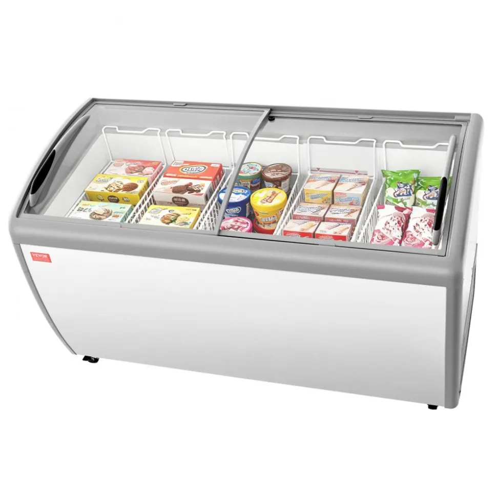 VEVOR Commercial Ice Cream Display Case, 9.3 Cu.ft Chest Freezer, -19 to 3℉ Temp Adjustable Mobile Top Deep Freezer with 3 Wire Baskets, 2 Sliding Glass Doors, Locking Casters & LED Strip Lighting