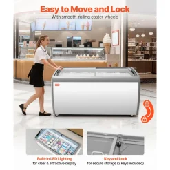 VEVOR Commercial Ice Cream Display Case, 9.3 Cu.ft Chest Freezer, -19 to 3℉ Temp Adjustable Mobile Top Deep Freezer with 3 Wire Baskets, 2 Sliding Glass Doors, Locking Casters & LED Strip Lighting