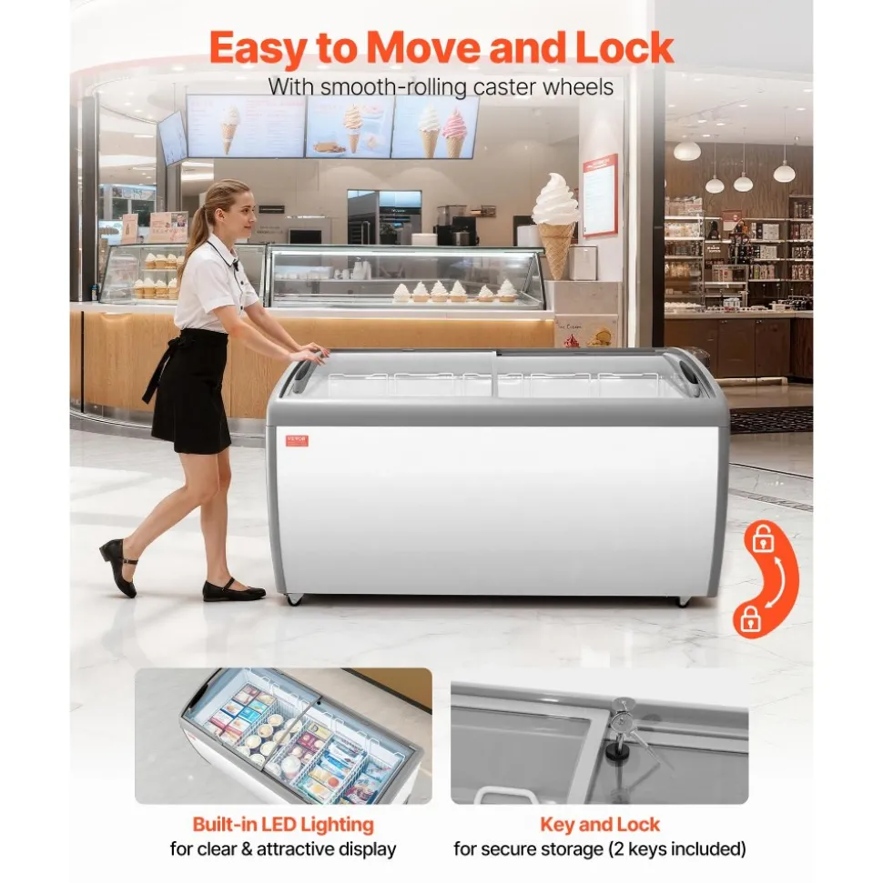VEVOR Commercial Ice Cream Display Case, 9.3 Cu.ft Chest Freezer, -19 to 3℉ Temp Adjustable Mobile Top Deep Freezer with 3 Wire Baskets, 2 Sliding Glass Doors, Locking Casters & LED Strip Lighting