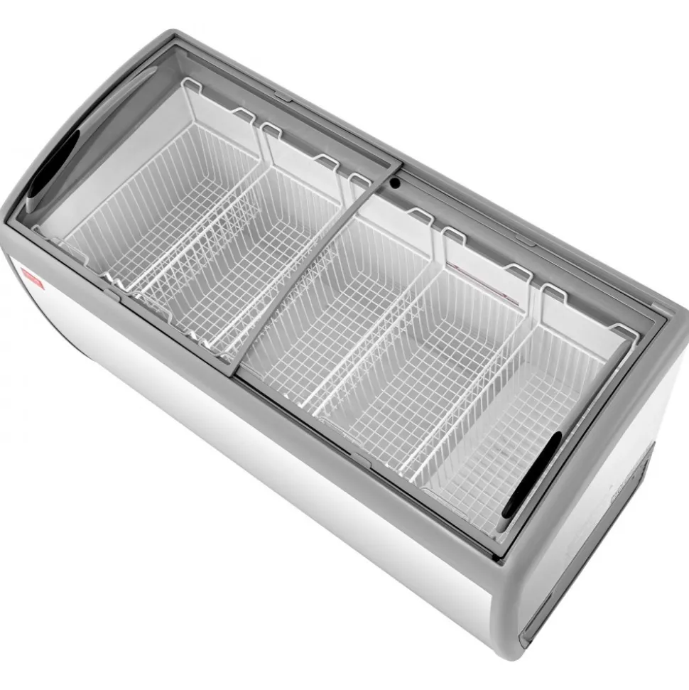 VEVOR Commercial Ice Cream Display Case, 9.3 Cu.ft Chest Freezer, -19 to 3℉ Temp Adjustable Mobile Top Deep Freezer with 3 Wire Baskets, 2 Sliding Glass Doors, Locking Casters & LED Strip Lighting