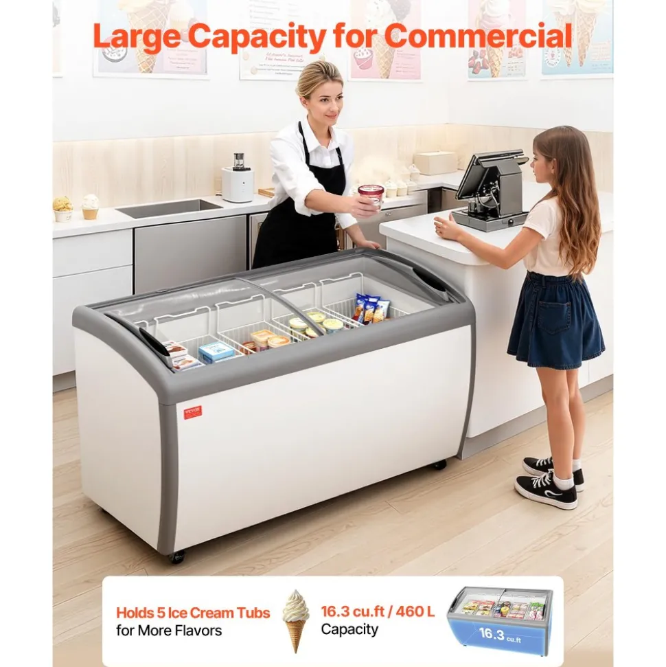 VEVOR Commercial Ice Cream Display Case, 9.3 Cu.ft Chest Freezer, -19 to 3℉ Temp Adjustable Mobile Top Deep Freezer with 3 Wire Baskets, 2 Sliding Glass Doors, Locking Casters & LED Strip Lighting