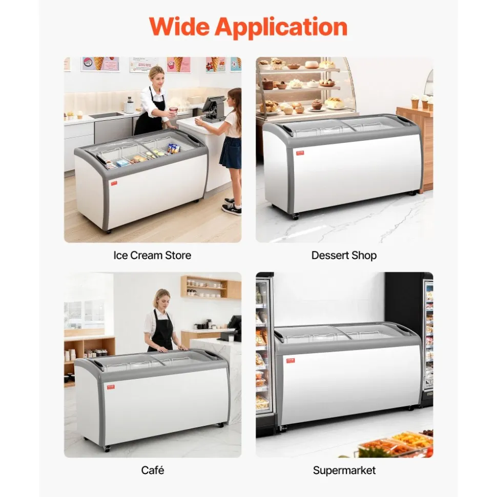 VEVOR Commercial Ice Cream Display Case, 9.3 Cu.ft Chest Freezer, -19 to 3℉ Temp Adjustable Mobile Top Deep Freezer with 3 Wire Baskets, 2 Sliding Glass Doors, Locking Casters & LED Strip Lighting