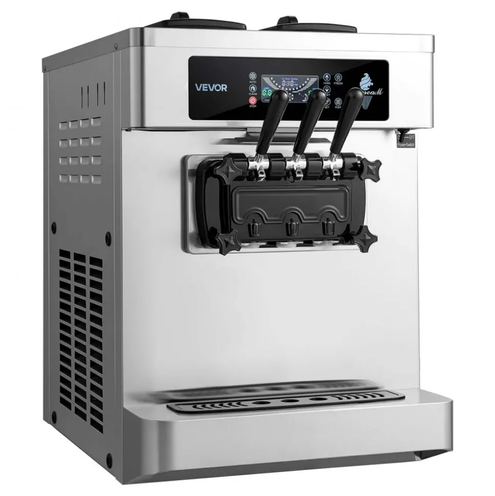 VEVOR Commercial Ice Cream Machine, 20-28L/H Yield, 2200W 3-Flavor Countertop Soft Serve Ice Cream Maker with 2 x 6L Hoppers & Built-In Puffing Pump, Pre-Cooling Low-Mix Alert for Snack Dessert Shops