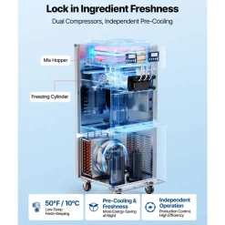 VEVOR Commercial Ice Cream Machine, 20-28L/H Yield, 2200W 3-Flavor Countertop Soft Serve Ice Cream Maker with 2 x 6L Hoppers & Hopper Agitation, Pre-Cooling Self-Cleaning for Snack Dessert Shops