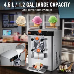 VEVOR Commercial Ice Cream Machine, 12 L/H Yield, 1713W Single Flavor Countertop Hard Serve Ice Cream Maker, 4.5L Stainless Steel Cylinder, LED Panel Auto Clean Pre-cooling, for Restaurant Snack Bars